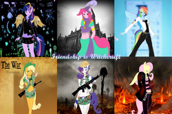 Size: 1242x827 | Tagged: safe, artist:kanashiibara, applejack, fluttershy, pinkie pie, rainbow dash, rarity, twilight sparkle, anthro, friendship is witchcraft, g4, ambiguous facial structure, cult leader fluttershy, gypsy pie, mane six, romani