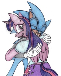 Size: 768x957 | Tagged: safe, artist:jameythehedgehog, twilight sparkle, anthro, g4, crossover, hug, male, shipping, sonic the hedgehog, sonic the hedgehog (series), traditional art, twilight sparkle (alicorn), twisonic