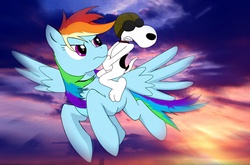 Size: 1750x1157 | Tagged: safe, artist:dripponi, rainbow dash, beagle, dog, pegasus, pony, g4, crossover, peanuts, snoopy