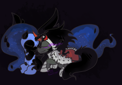 Size: 900x628 | Tagged: safe, artist:soulwarri0r, king sombra, nightmare moon, alicorn, unicorn, g4, antagonist, black background, eyes closed, female, long tail, male, shipping, simple background, sombramoon, straight, tail