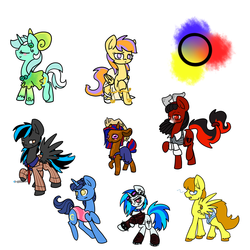 Size: 1280x1280 | Tagged: safe, artist:otterlore, dj pon-3, lyra heartstrings, night light, vinyl scratch, oc, g4, bicolor swimsuit, bow, clothes, collar, crossdressing, dress, earring, goggles, hat, jacket, libra, male, necktie, one-piece swimsuit, piercing, pink swimsuit, request, scale, shorts, simple background, suit, swimsuit, toga, trap, vest, white background