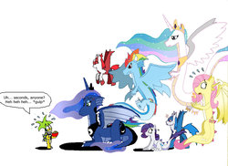 Size: 1024x744 | Tagged: source needed, useless source url, safe, artist:chocend, fluttershy, princess celestia, princess luna, rainbow dash, rarity, dragon, feathered dragon, latias, g4, angry, crossover, dragoness, dragonified, dragonlestia, female, flutterdragon, four winged dash, four wings, iggy koopa, lunadragon, pokémon, ponified, rainbow dragon, raridragon, simple background, species swap, super mario bros., this will end in pain, white background