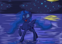 Size: 1754x1240 | Tagged: safe, artist:s4vin, princess luna, g4, female, happy, moon, night, reflection, solo, water