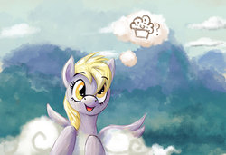 Size: 1021x700 | Tagged: safe, artist:kraden, derpy hooves, pegasus, pony, g4, female, mare, muffin, solo, thought bubble
