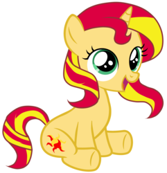 Size: 965x999 | Tagged: dead source, safe, artist:fluttershy-7, sunset shimmer, pony, unicorn, g4, cute, female, filly, filly sunset shimmer, happy, open mouth, shimmerbetes, simple background, sitting, solo, transparent background, vector, younger