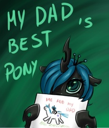 Size: 561x657 | Tagged: safe, artist:mr-samson, shining armor, oc, oc only, oc:amora, changeling, hybrid, nymph, g4, cute, drawing, father's day, female, interspecies offspring, offspring, parent:queen chrysalis, parent:shining armor, parents:shining chrysalis, quadrupedal, solo