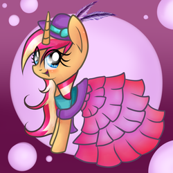 Size: 1000x1000 | Tagged: safe, artist:sasifrass, sunset shimmer, pony, unicorn, g4, blushing, clothes, dress, female, happy, hat, solo