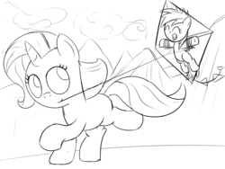 Size: 1280x960 | Tagged: safe, artist:dtcx97, rainbow dash, rarity, g4, filly, kite, monochrome, playing