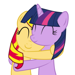 Size: 1000x1000 | Tagged: dead source, safe, artist:the-crystal-rarity, sunset shimmer, twilight sparkle, pony, unicorn, g4, duo, eyes closed, female, forgiveness, friendship, hilarious in hindsight, hug, lesbian, ship:sunsetsparkle, shipping, simple background, transparent background, vector