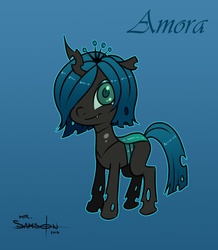 Size: 826x946 | Tagged: safe, artist:mr-samson, oc, oc only, oc:amora, changeling, hybrid, blue background, female, interspecies offspring, offspring, parent:queen chrysalis, parent:shining armor, parents:shining chrysalis, quadrupedal, simple background, solo