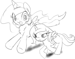 Size: 1257x994 | Tagged: safe, artist:zev, princess celestia, princess luna, g4, cewestia, chest fluff, crying, filly, grayscale, monochrome, woona, younger