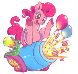 Size: 1112x1050 | Tagged: dead source, safe, artist:luvlymilk, gummy, pinkie pie, alligator, earth pony, pony, reptile, g4, balloon, colored hooves, cupcake, female, open mouth, open smile, partillery, party cannon, simple background, sitting, smiling, solo, stars, white background