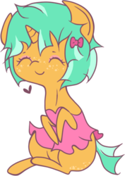 Size: 308x435 | Tagged: safe, artist:legalese, snails, pony, unicorn, g4, alternate hairstyle, bow, chibi, colt, cute, dress, foal, glitter shell, happy, heart, horn, male, simple background, sitting, solo, transparent background, trap