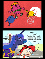 Size: 1280x1659 | Tagged: safe, artist:cartuneslover16, princess luna, alicorn, pony, g4, basketball, crossover, crown, female, fish hooks, jewelry, little miss helpful, luna's crown, male, mare, mr. bounce, mr. men, mr. men little miss, mr. tall, princess, regalia, regular show, rigby (regular show), smiling, tall, the mr. men show