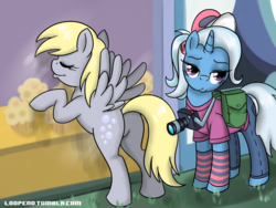 Size: 1250x938 | Tagged: safe, artist:pijinpyon, derpy hooves, trixie, pegasus, pony, unicorn, g4, against glass, alternate hairstyle, baseball cap, butt, camera, clothes, female, hat, jeans, leg warmers, mare, muffin, plot, ponytail, that pony sure does love muffins