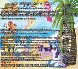 Size: 1800x1600 | Tagged: safe, apple bloom, applejack, babs seed, derpy hooves, discord, doctor whooves, fluttershy, pinkie pie, queen chrysalis, rainbow dash, rarity, scootaloo, spitfire, sweetie belle, time turner, twilight sparkle, g4, birthday game, exploitable meme