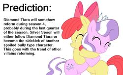 Size: 962x587 | Tagged: safe, edit, apple bloom, diamond tiara, g4, adorabloom, cute, diamondbetes, eyes closed, female, filly, foal, heartwarming in hindsight, hilarious in hindsight, hug, lesbian, prediction, reformed, reformed villain, ship:diamondbloom, shipping, sweet dreams fuel, text, tiaralove