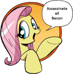 Size: 421x431 | Tagged: safe, idw, fluttershy, friendship is magic #3, g4, my little pony: friendship is magic (idw), bacon, bad advice fluttershy, exploitable meme, female, meme, solo