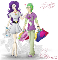 Size: 1600x1660 | Tagged: safe, artist:rinikka, rarity, spike, g4, female, fire ruby, humanized, male, ship:sparity, shipping, shopping, skinny, straight, thin