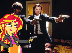 Size: 987x729 | Tagged: safe, sunset shimmer, equestria girls, g4, my little pony equestria girls, equestria girls will be better than fim, gun, handgun, john travolta, m1911, pistol, pulp fiction, samuel l jackson