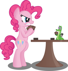 Size: 966x1001 | Tagged: safe, artist:drawponies, artist:jakage, gummy, pinkie pie, alligator, earth pony, pony, g4, card, duo, female, gummy is a filthy cheater, magic the gathering, mare, simple background, table, transparent background