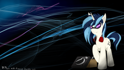 Size: 1280x720 | Tagged: safe, artist:firenze, dj pon-3, vinyl scratch, g4, female, headphones, solo, turntable, wallpaper