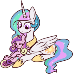 Size: 377x385 | Tagged: safe, artist:lulubell, princess cadance, princess celestia, g4, :t, auntlestia, cute, cutedance, eyes closed, female, filly, momlestia, on back, prone, simple background, smiling, transparent background, vector, younger