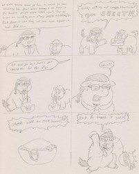 Size: 1450x1800 | Tagged: safe, artist:santanon, fluffy pony, comic, dialogue, fluffy pony original art, grayscale, into the trash it goes, monochrome, offscreen character, penn and teller, spaghetti, traditional art