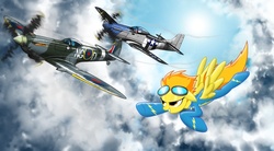 Size: 1900x1050 | Tagged: safe, artist:spitshy, spitfire, g4, aircraft, beach ball, drawing error, flying, p-51 mustang, plane, seafire, supermarine seafire, supermarine spitfire