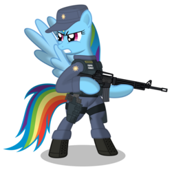 Size: 900x900 | Tagged: safe, artist:dolphinfox, rainbow dash, pegasus, pony, g4, ar-15, assault rifle, bipedal, boots, female, guard, gun, handgun, hat, mare, pistol, police, police officer, police uniform, rifle, shoes, simple background, solo, swat, transparent background, weapon
