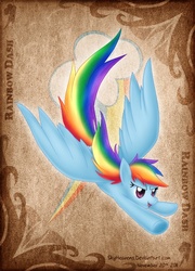 Size: 504x701 | Tagged: safe, artist:skyheavens, rainbow dash, pegasus, pony, g4, cutie mark background, female, flying, mare, open mouth, solo, spread wings, three quarter view, wings