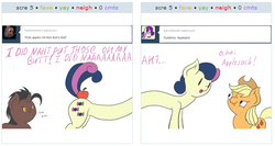 Size: 528x280 | Tagged: safe, artist:fantasyglow, applejack, bon bon, sweetie belle, sweetie drops, oc, oc:loki ebonhoof, g4, comments more entertaining, exploitable meme, juxtaposition, juxtaposition win, longbon, ohai mark, the room