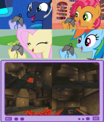 Size: 782x918 | Tagged: safe, babs seed, fluttershy, princess luna, rainbow dash, pegasus, pony, gamer luna, g4, exploitable meme, female, gamer babs, gamer meme, gamerdash, gamershy, mare, meme, quake, tv meme