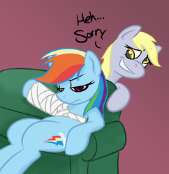 Size: 774x800 | Tagged: safe, artist:lowkey, derpy hooves, rainbow dash, pegasus, pony, g4, bandage, female, injured, mare