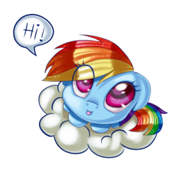 Size: 1686x1663 | Tagged: safe, artist:anthocat, rainbow dash, pegasus, pony, g4, chibi, cloud, cute, dashabetes, feathered wings, female, floppy ears, hi, hnnng, looking at you, simple background, smol, solo, speech, speech bubble, tongue out, wings