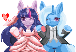 Size: 1332x921 | Tagged: safe, artist:wakasumire, trixie, twilight sparkle, g4, clothes, dress, female, heart, lesbian, marriage, ship:twixie, shipping, tuxedo