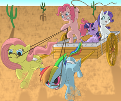 Size: 3512x2938 | Tagged: safe, artist:crispokefan, fluttershy, pinkie pie, rainbow dash, rarity, twilight sparkle, earth pony, pegasus, pony, unicorn, g4, the last roundup, bridle, cactus, cart, reins, riding, saguaro cactus, scene interpretation, wagon, whip