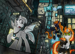 Size: 4200x3000 | Tagged: safe, artist:theomegaridley, oc, oc only, bat pony, pegasus, pony, robot, fanfic:obsolescence, city, cover, cyberpunk, fanfic, night, rain, science fiction