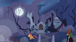 Size: 7650x4284 | Tagged: artist needed, safe, scootaloo, cat, human, pegasus, pony, g4, absurd resolution, castle, castle of the royal pony sisters, everfree forest, female, filly, findus, foal, pettson, pettson and findus, sweden, swedish