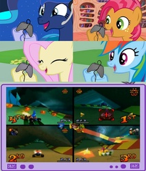 Size: 782x918 | Tagged: safe, babs seed, fluttershy, princess luna, rainbow dash, pegasus, pony, gamer luna, g4, crash bandicoot (series), crash team racing, exploitable meme, female, gamer babs, gamer meme, gamerdash, gamershy, mare, roo's tubes, tv meme