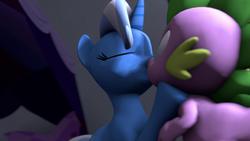 Size: 1600x900 | Tagged: dead source, safe, artist:udacom, spike, trixie, dragon, pony, unicorn, g4, 3d, age difference, duo, duo male and female, female, gmod, horn, kissing, male, mare, ship:spixie, shipping, straight