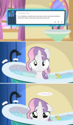 Size: 1280x2175 | Tagged: dead source, safe, artist:jan, sweetie belle, ask the crusaders, g4, ask, bath, bathtub, claw foot bathtub, cute, diasweetes, floating tumblr question, fourth wall, question, rubber duck, tumblr, tumblr comic, wet mane