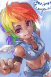 Size: 640x960 | Tagged: safe, artist:ptcrow, rainbow dash, human, g4, belly button, elf ears, female, hoofbump, humanized, solo, winged humanization