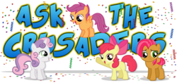 Size: 845x400 | Tagged: safe, artist:jan, apple bloom, babs seed, scootaloo, sweetie belle, earth pony, pegasus, pony, unicorn, ask the crusaders, g4, cutie mark crusaders, female, filly, foal, header, simple background, transparent background, tumblr