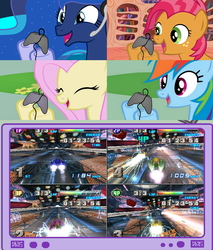 Size: 779x914 | Tagged: safe, babs seed, fluttershy, princess luna, rainbow dash, pegasus, pony, gamer luna, g4, 4 player meme, exploitable meme, f-zero, f-zero gx, female, gamer babs, gamer meme, gamerdash, gamershy, mare, meme, tv meme