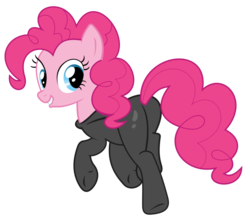 Size: 900x799 | Tagged: safe, artist:alexiy777, pinkie pie, earth pony, pony, g4, butt, catsuit, female, lip bite, plot, simple background, sneaking suit, solo