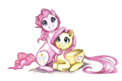 Size: 1691x1123 | Tagged: safe, artist:paulina-ap, fluttershy, pinkie pie, g4, female, hug, lesbian, looking at you, prone, ship:flutterpie, shipping, smiling, traditional art