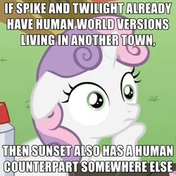 Size: 500x500 | Tagged: safe, edit, edited screencap, screencap, spike, sunset shimmer, sweetie belle, twilight sparkle, dragon, equestria girls, g4, ponyville confidential, cropped, female, image macro, meme, solo, spike the dog, sudden clarity sweetie belle