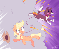 Size: 960x786 | Tagged: safe, artist:fizzy-dog, artist:seabastian, applejack, winona, pony, g4, action pose, epic walkies, explosion, explosive fart, fart, leash, mouth hold