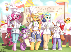 Size: 1000x728 | Tagged: safe, artist:siden, applejack, bon bon, derpy hooves, donut joe, gustave le grande, pinkie pie, spike, sweetie drops, twist, earth pony, griffon, unicorn, anthro, unguligrade anthro, chef's hat, clothes, cooking, fanfic material, female, hat, power walk